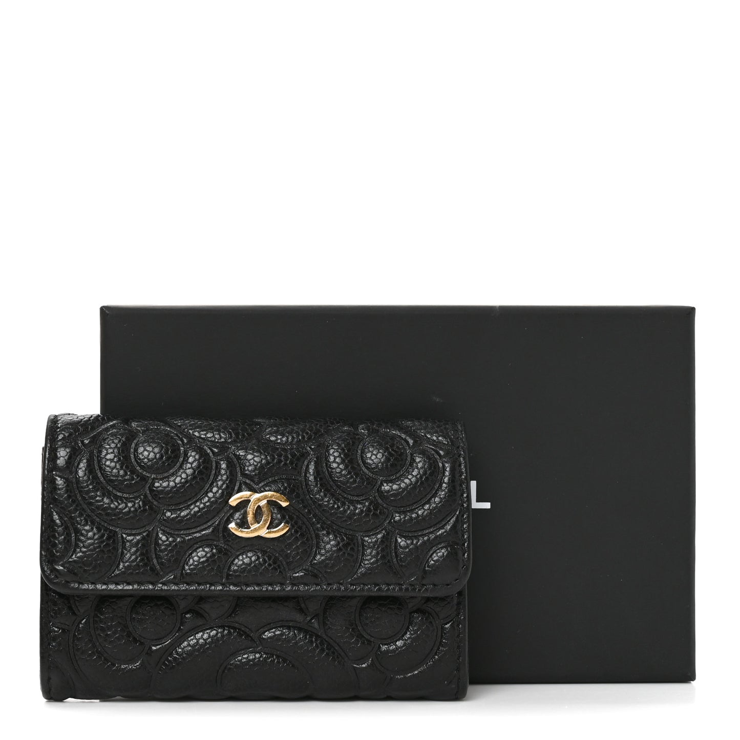 Caviar Camellia Embossed Card Holder Wallet Black