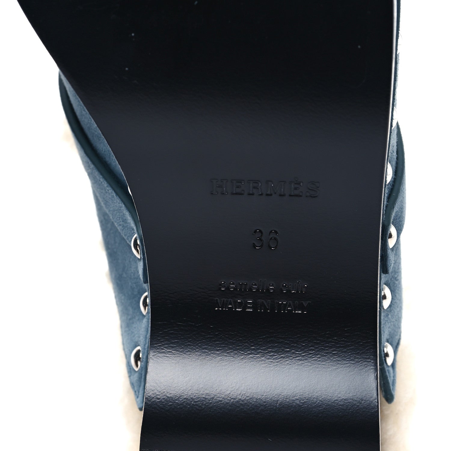 Hermes Suede Goatskin Woolskin Carlotta Mules 36 Bleu Pinede 6 of 8