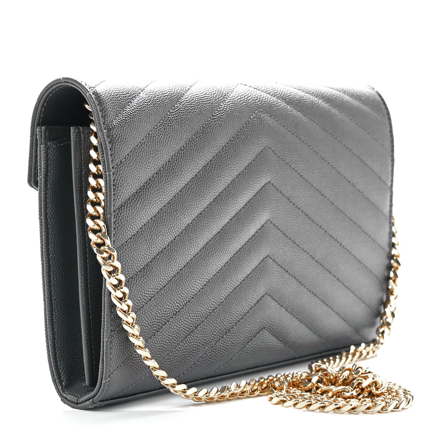 Saint Laurent Grain De Poudre Matelasse Chevron Monogram Chain Wallet Oyster Grey 3 of 11