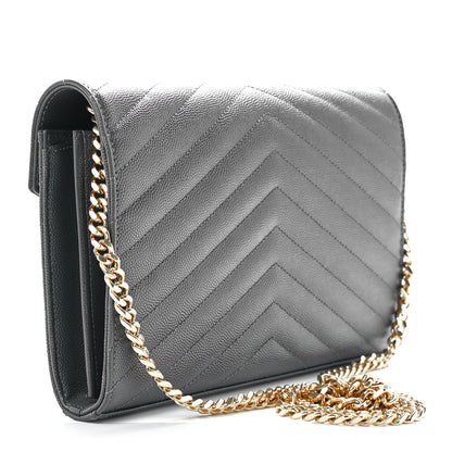 Saint Laurent Grain De Poudre Matelasse Chevron Monogram Chain Wallet Oyster Grey 3 of 11