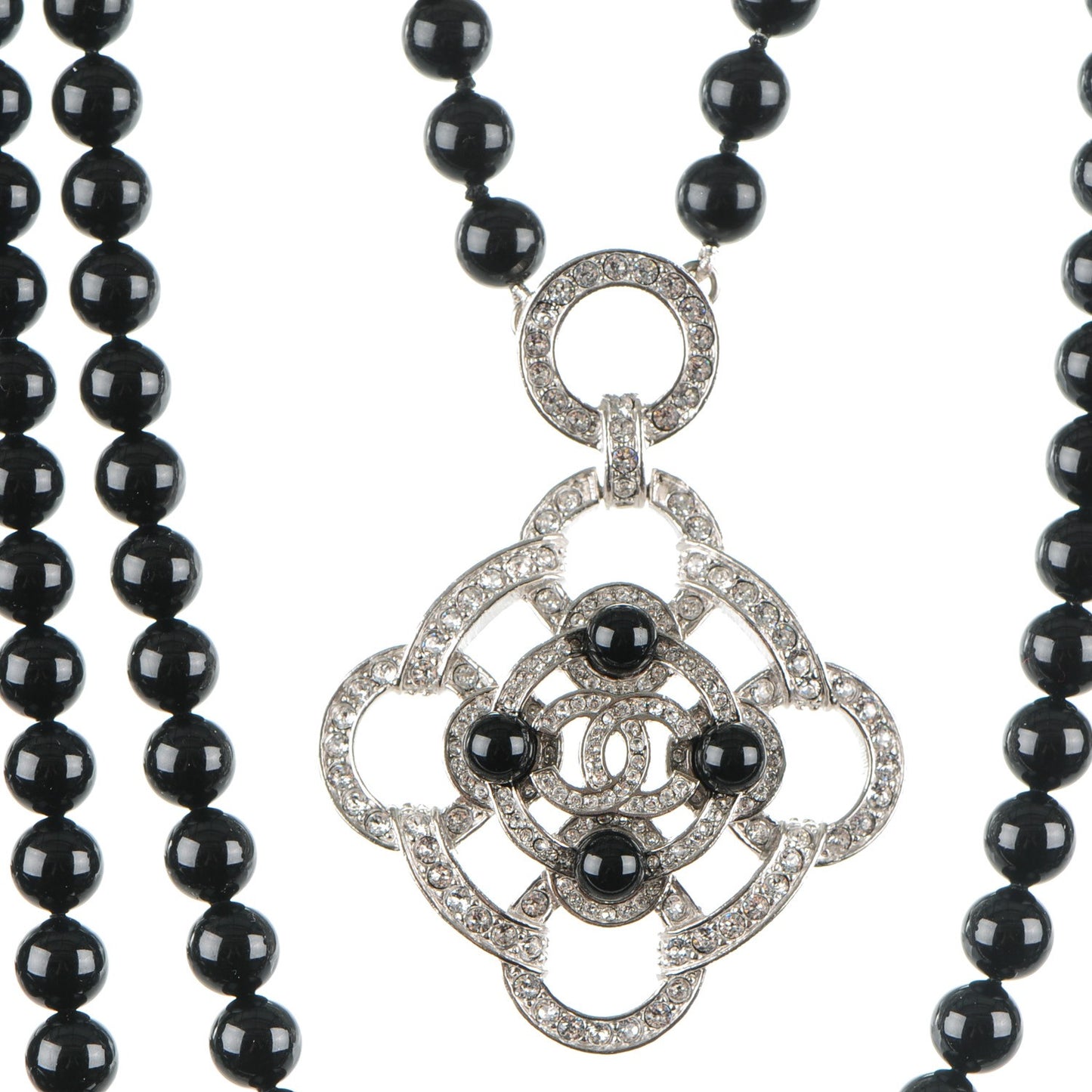 Bead Crystal Multi Strand CC Medallion Necklace Black Silver