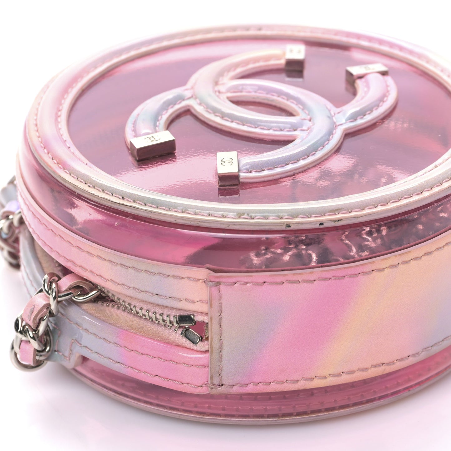 PVC Lambskin Filigree Round Clutch With Chain Pink