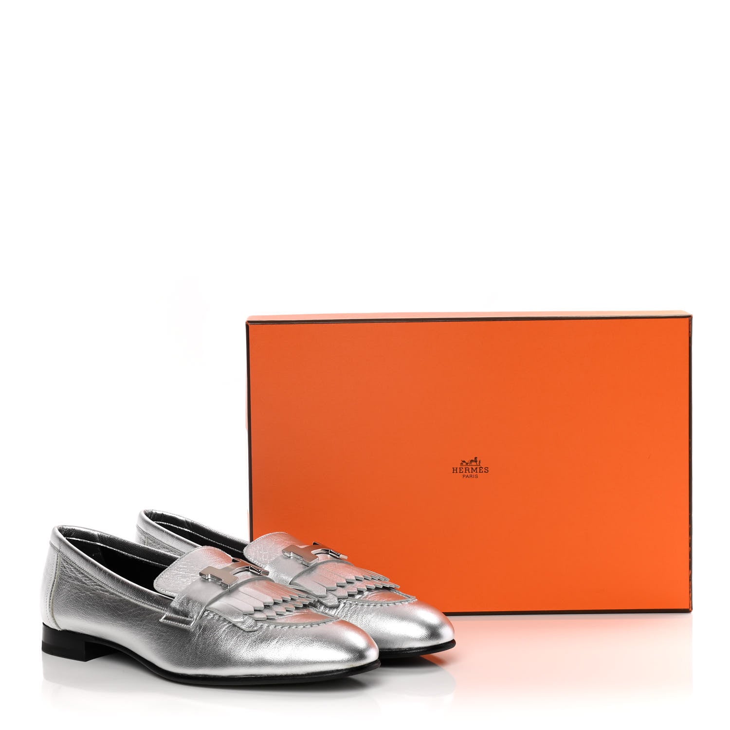Hermes Metallic Chevre Womens Royal Loafers 38 Gris Argente 11 of 11