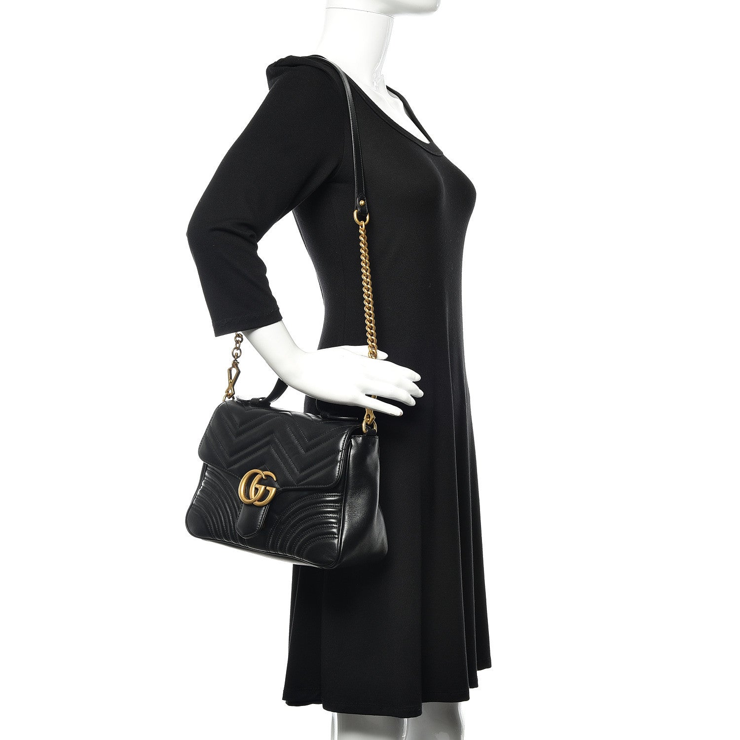 Gucci Calfskin Matelasse Small GG Marmont Top Handle Shoulder Bag Black 2 of 9