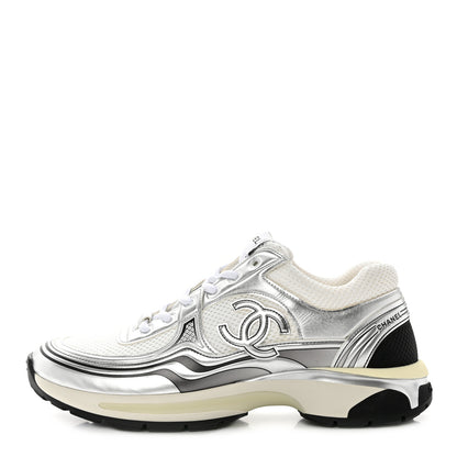 Chanel Fabric Laminated Calfskin Stretch CC Womens Sneakers 41 White Silver 1 of 9
