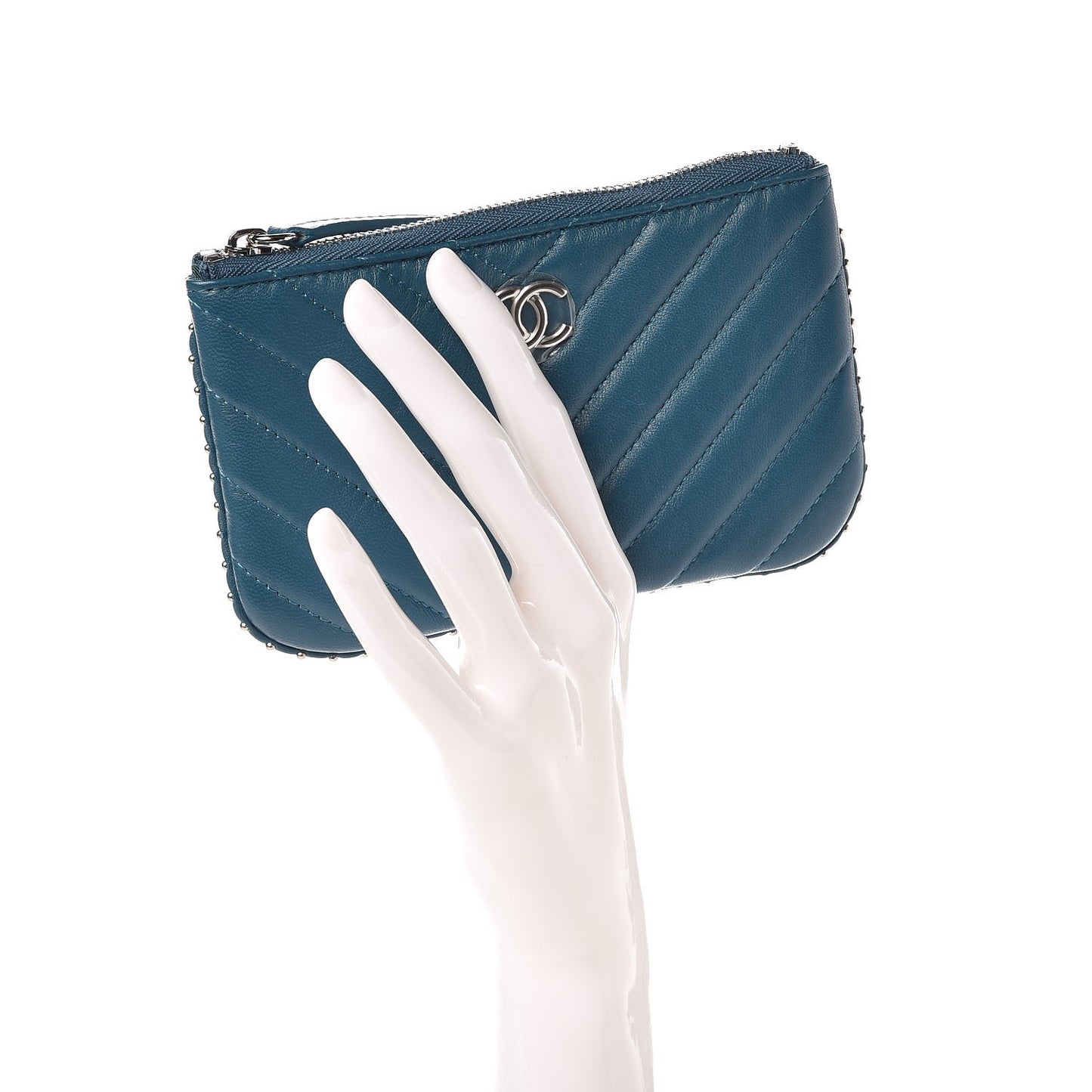 Lambskin Chevron Quilted Studded Small Cosmetic Case Blue