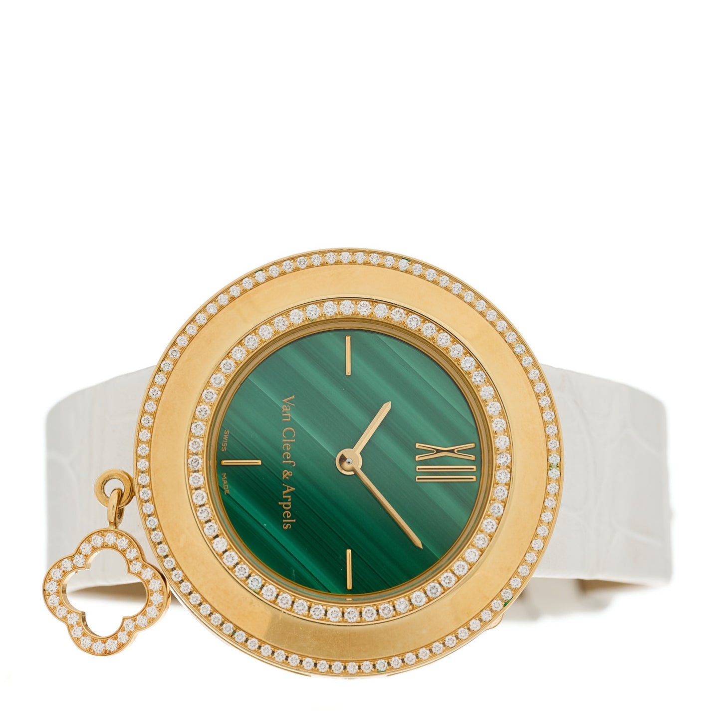 18K Yellow Gold Alligator Diamond Bezel Malachite 32mm Charms Quartz Watch