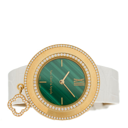 Van Cleef & Arpels 18K Yellow Gold Alligator Diamond Bezel Malachite 32mm Charms Quartz Watch 3 of 7