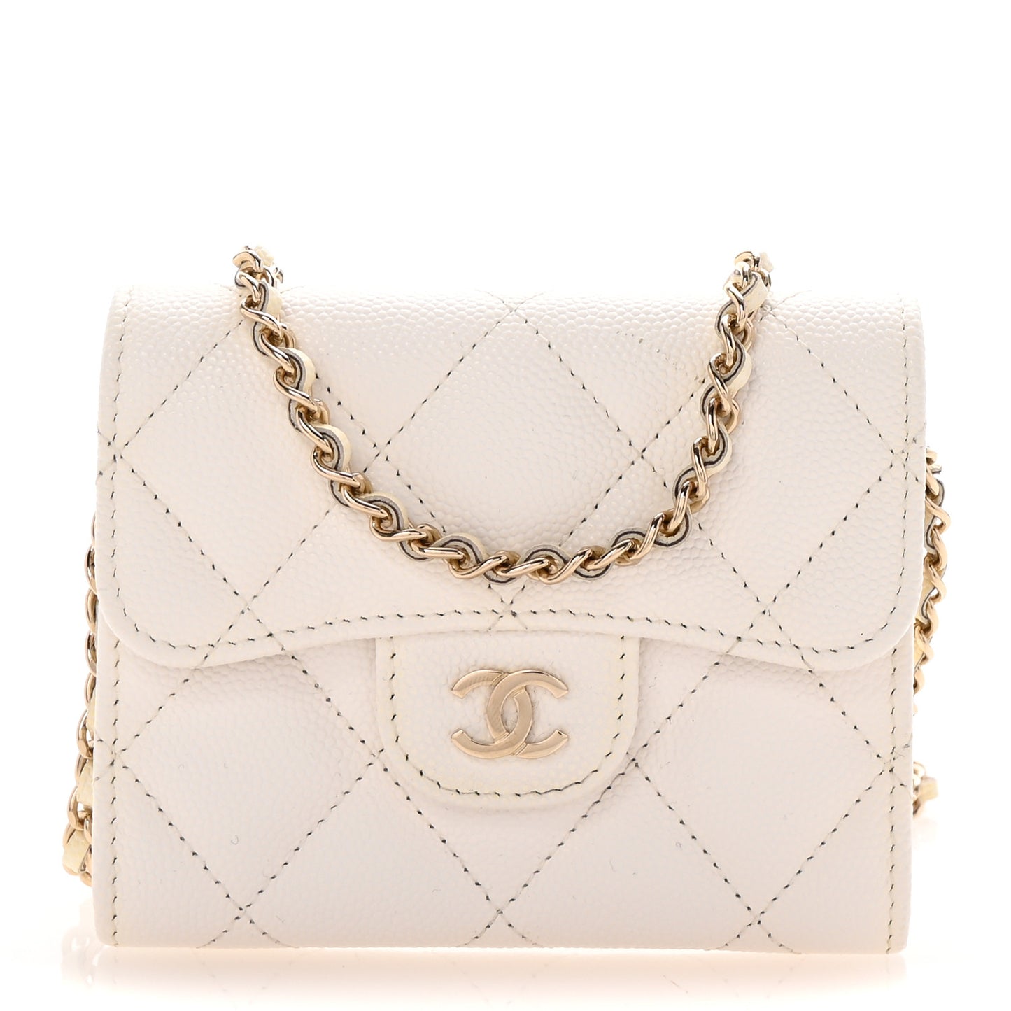 Caviar Quilted Flap Card Holder On Chain White