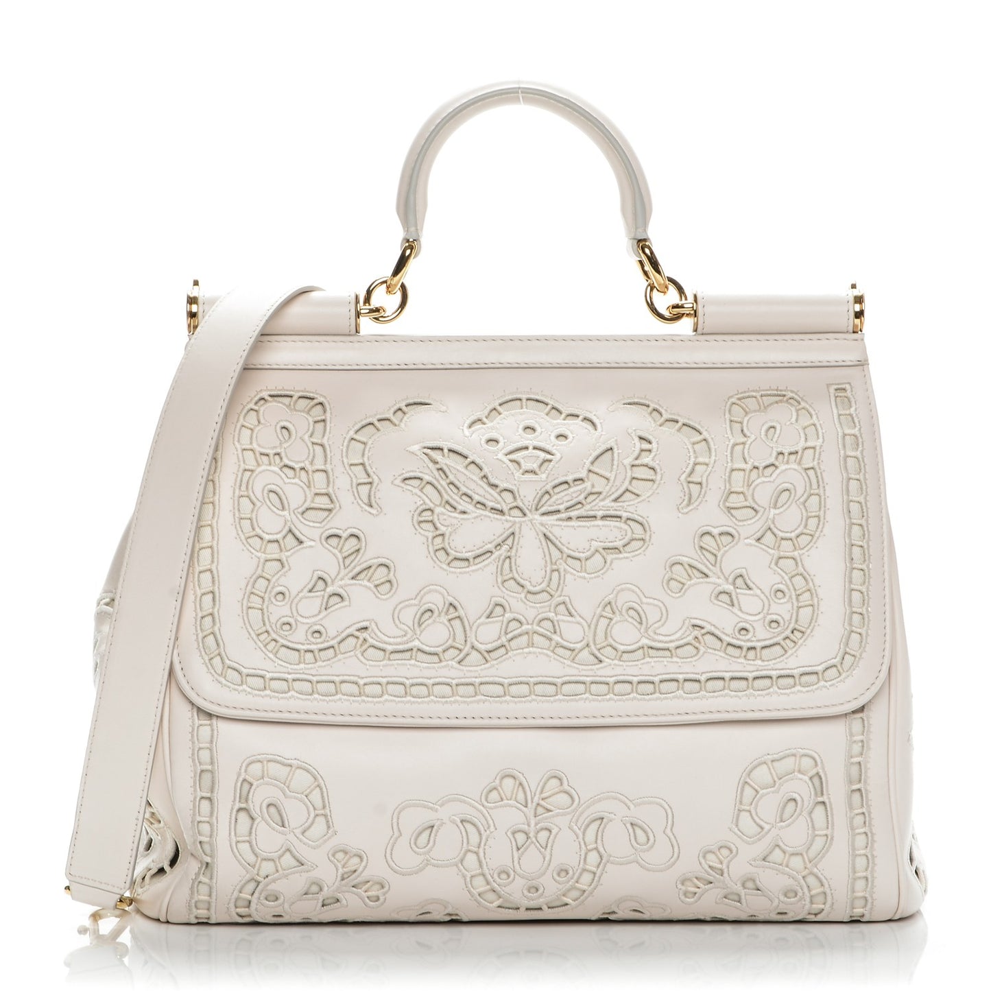 Calfskin Large Embroidered Laser Cut Miss Sicily Satchel Beige