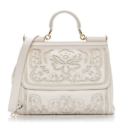 Dolce & Gabbana Calfskin Large Embroidered Laser Cut Miss Sicily Satchel Beige 1 of 7