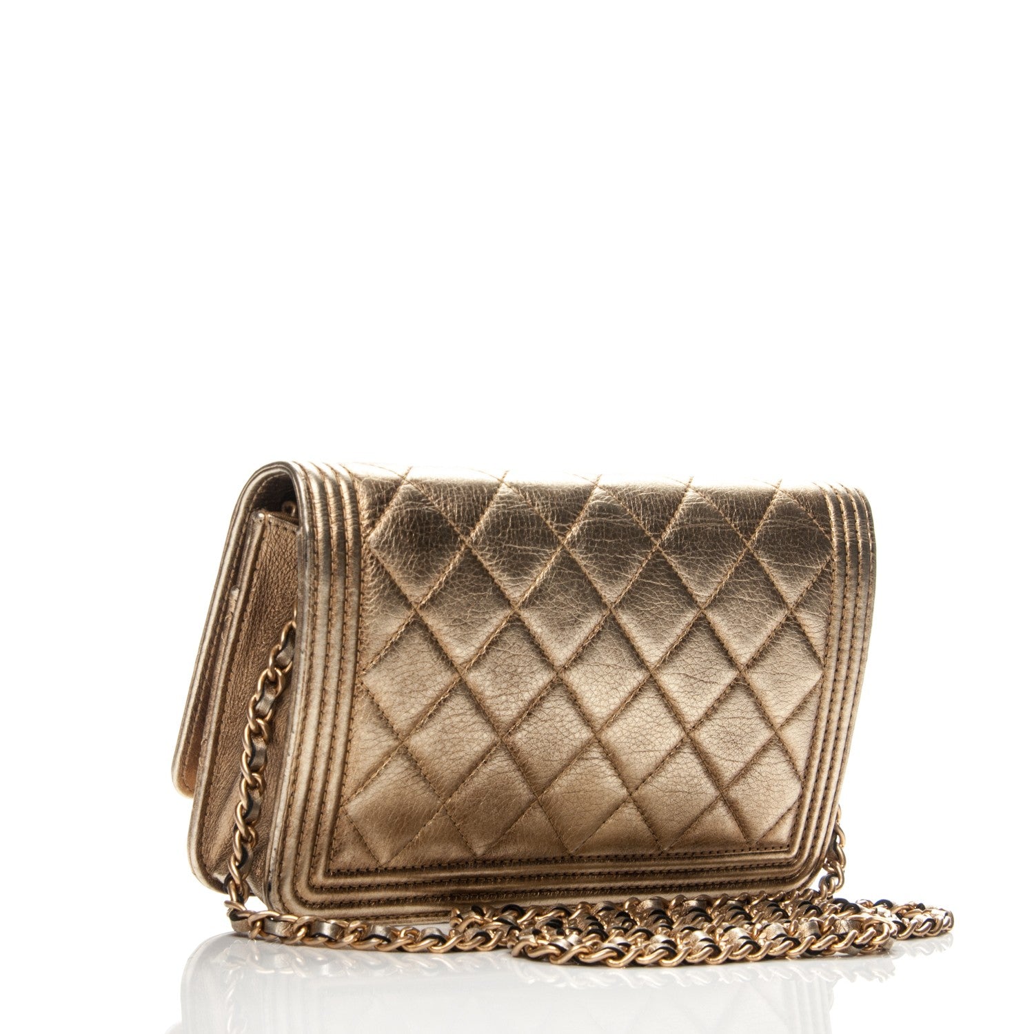 Chanel Metallic Distressed Calfskin Quilted Boy Wallet On Chain WOC Gold 3 of 9