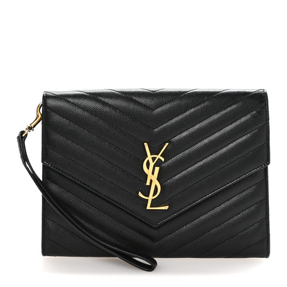 Saint Laurent Grain De Poudre Matelasse Chevron Monogram Envelope Clutch Black 1 of 8