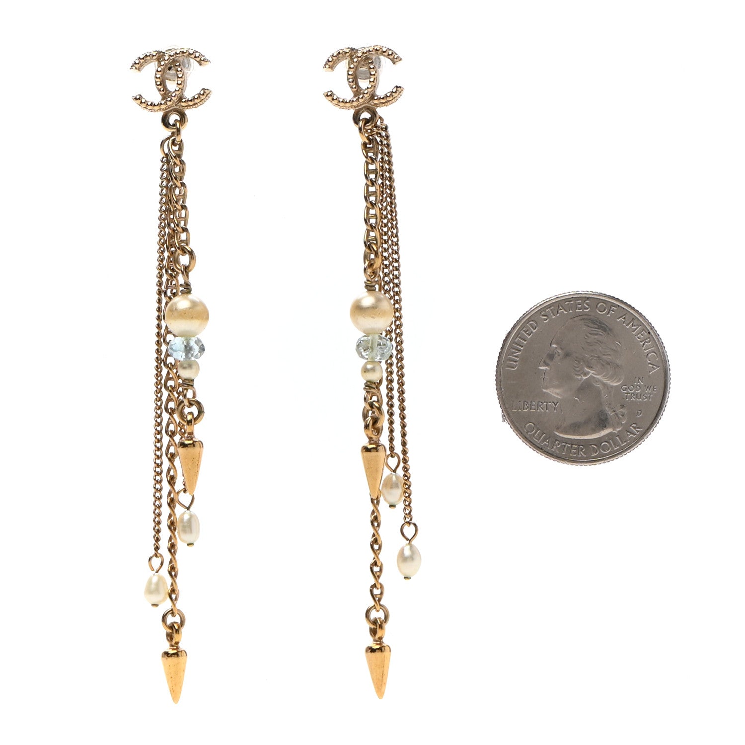 Chanel Glass Pearl CC Long Drop Earrings Gold 2 of 4