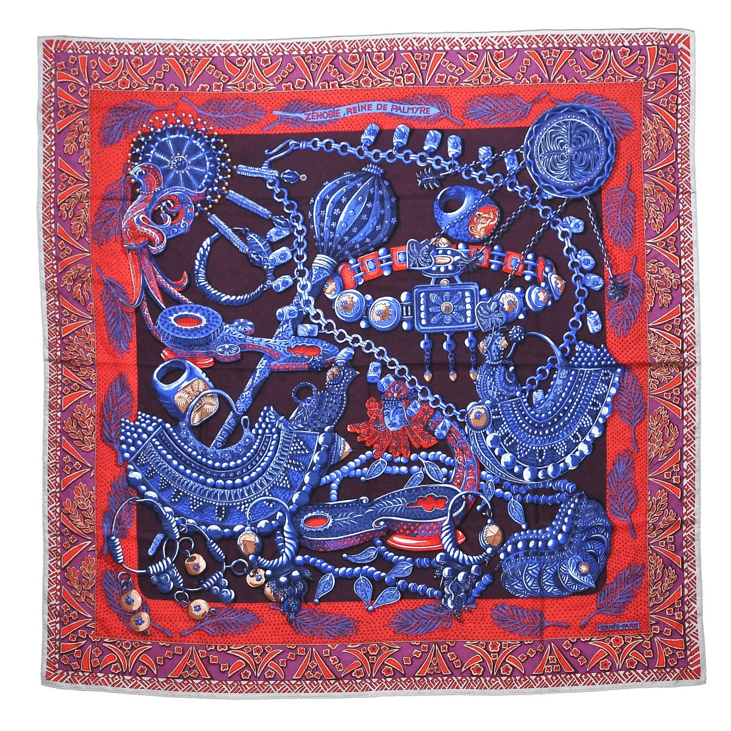 Hermes Cashmere Silk Zenobie Reine De Palmyre 140 Aubergine Bleu Dur Rouge 1 of 6