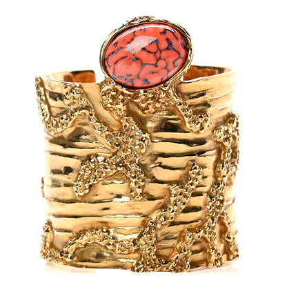 Saint Laurent Glass Cabochon Arty Ovale Cuff Bracelet Gold Coral 1 of 3