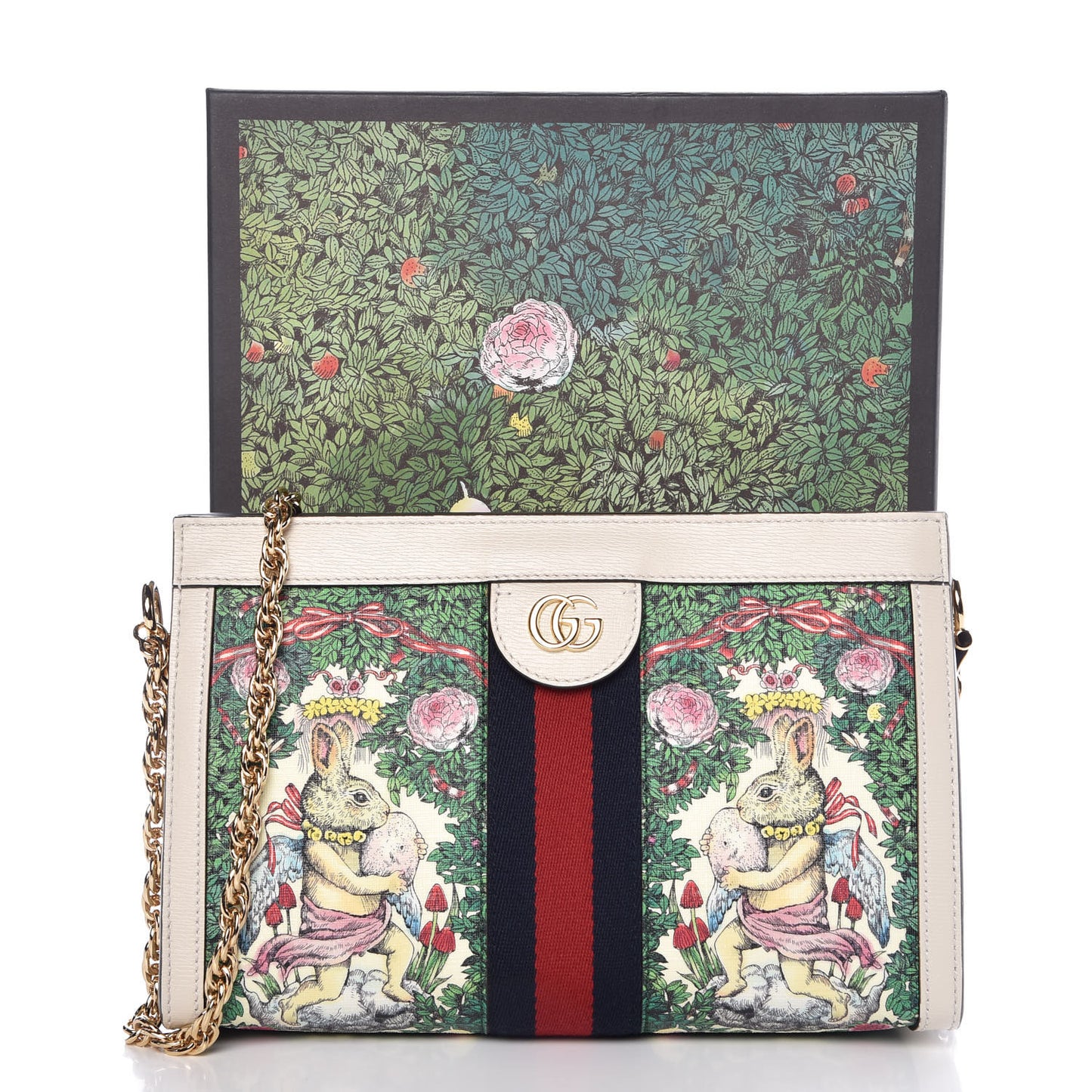 X YUKO HIGUCHI Canvas Calfskin GG Web Yuko Higuchi Print Small Ophidia Chain Shoulder Bag White