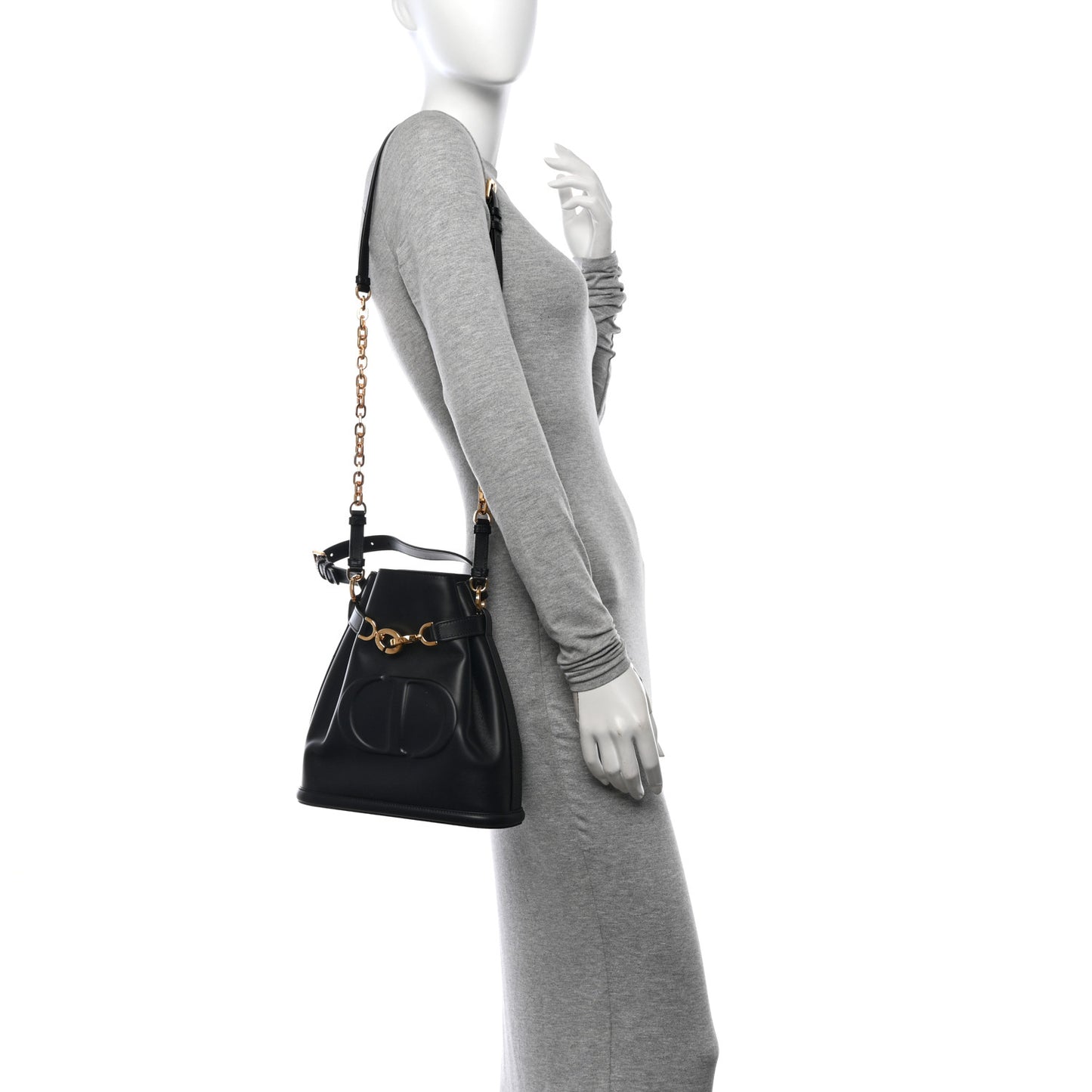 Calfskin CD Embossed Medium C'est Chain Bucket Bag Black