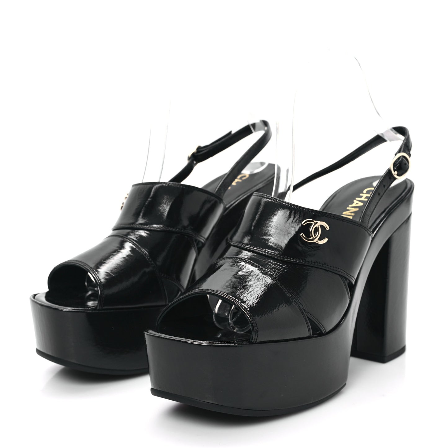 Crumpled Patent Lambskin Platform Sandals 41 Black