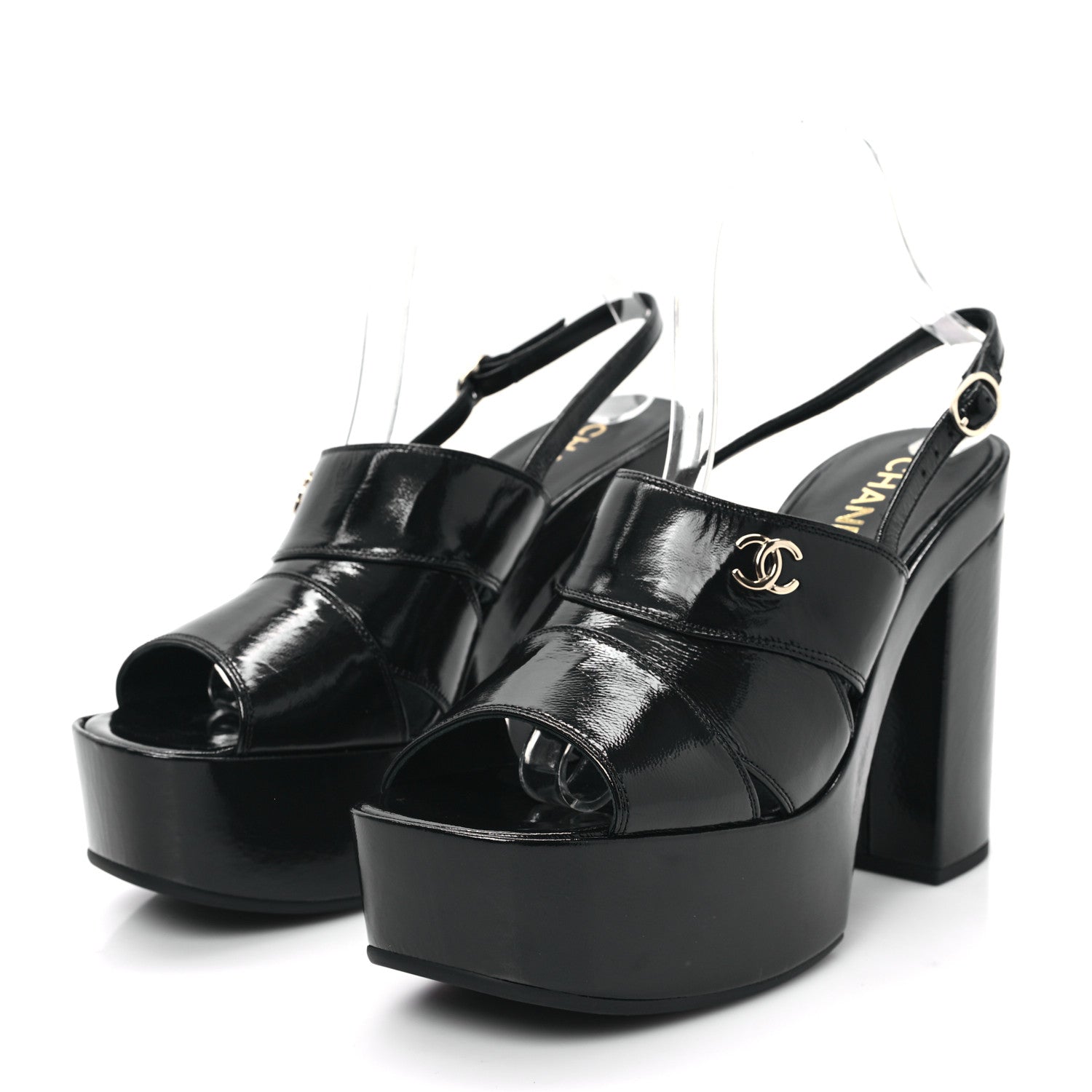 Chanel Crumpled Patent Lambskin Platform Sandals 41 Black 3 of 9