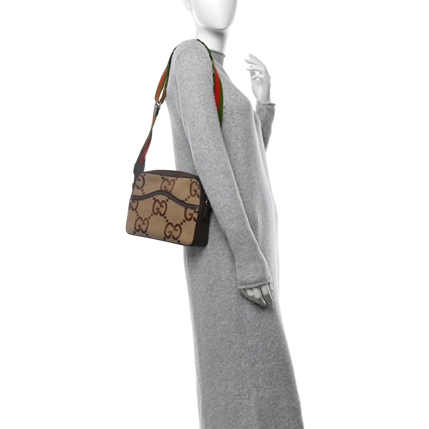 Gucci Monogram Jumbo GG Textured Dollar Calfskin Web Messenger Shoulder Bag Camel Ebony New Acero 2 of 11