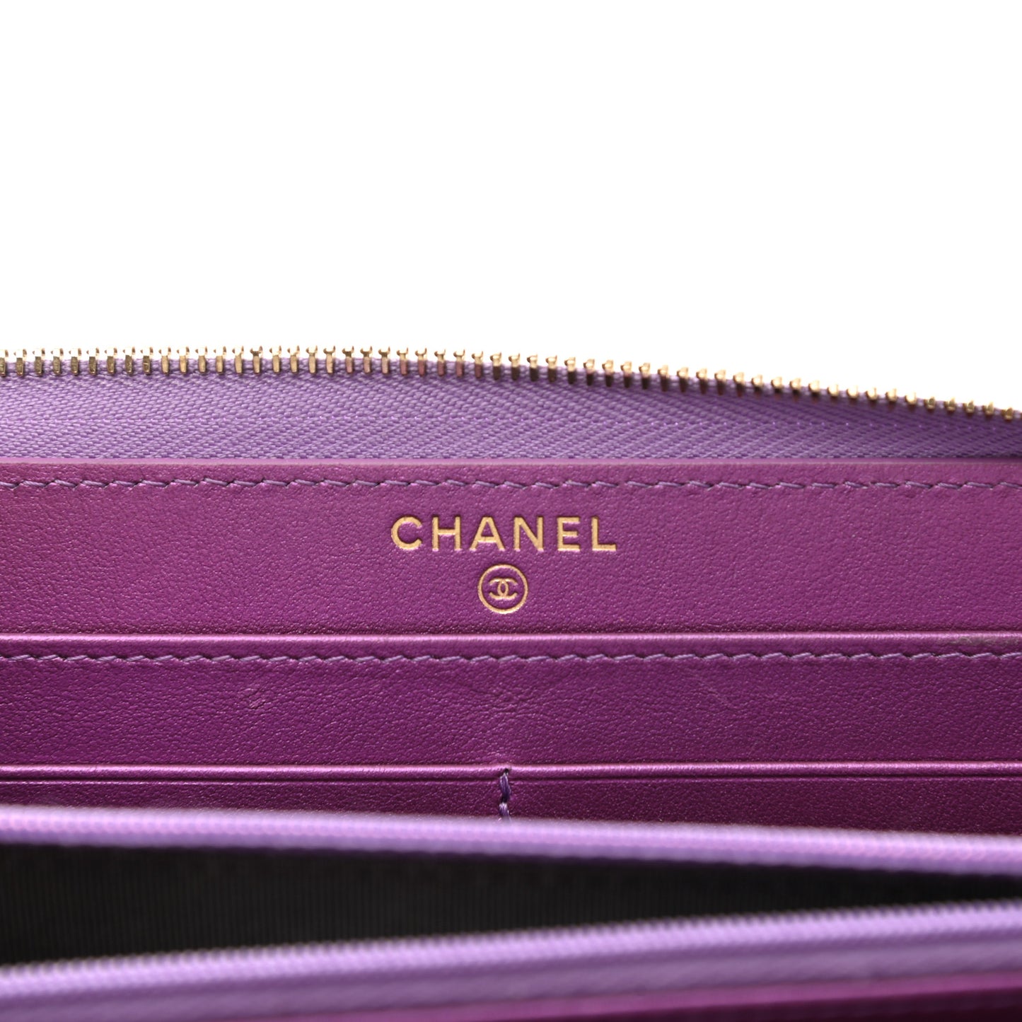 Iridescent Lambskin Quilted Large Gusset Zip Around Wallet Purple