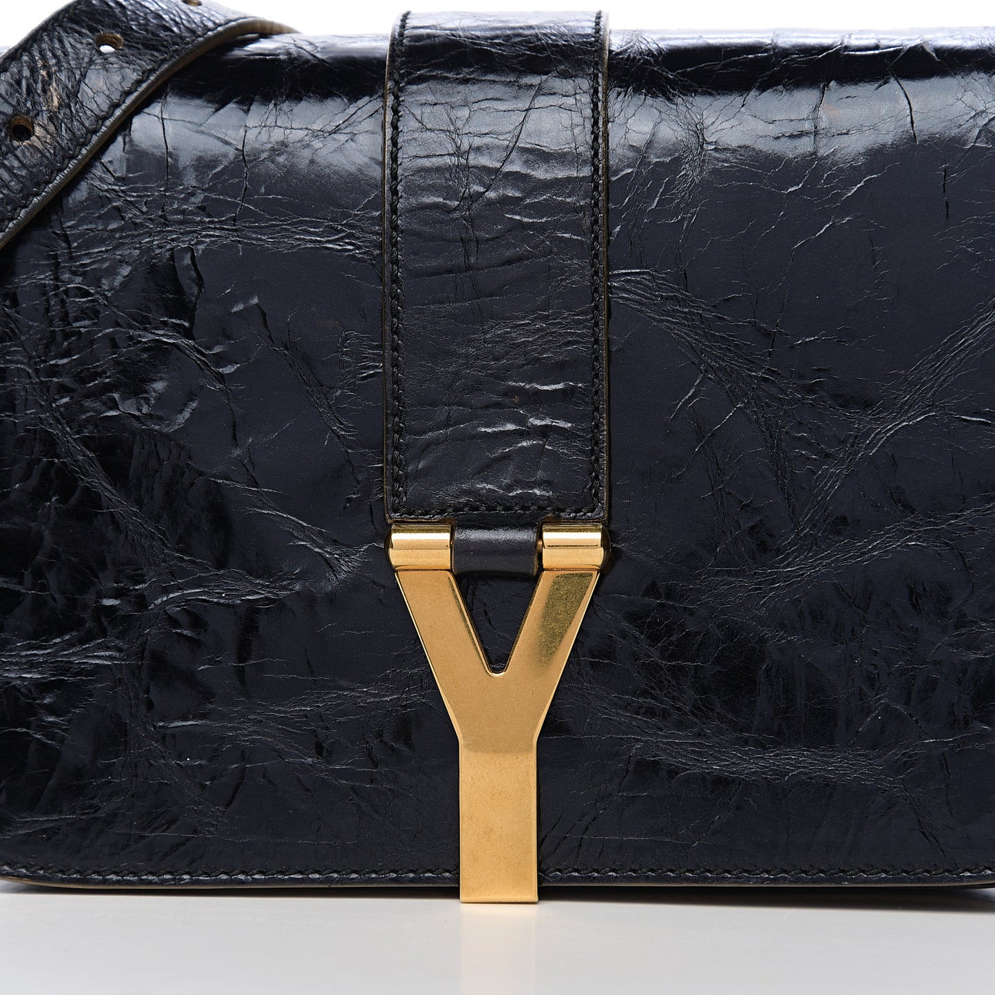 Patent Crinkled Calfskin Classic Y Satchel Black