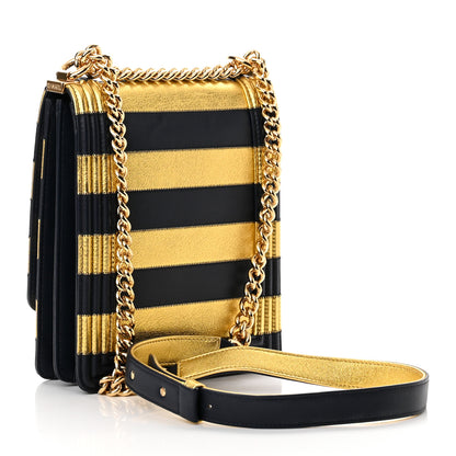 Chanel Metallic Lambskin Striped North South Boy Flap Navy Gold 2 of 8