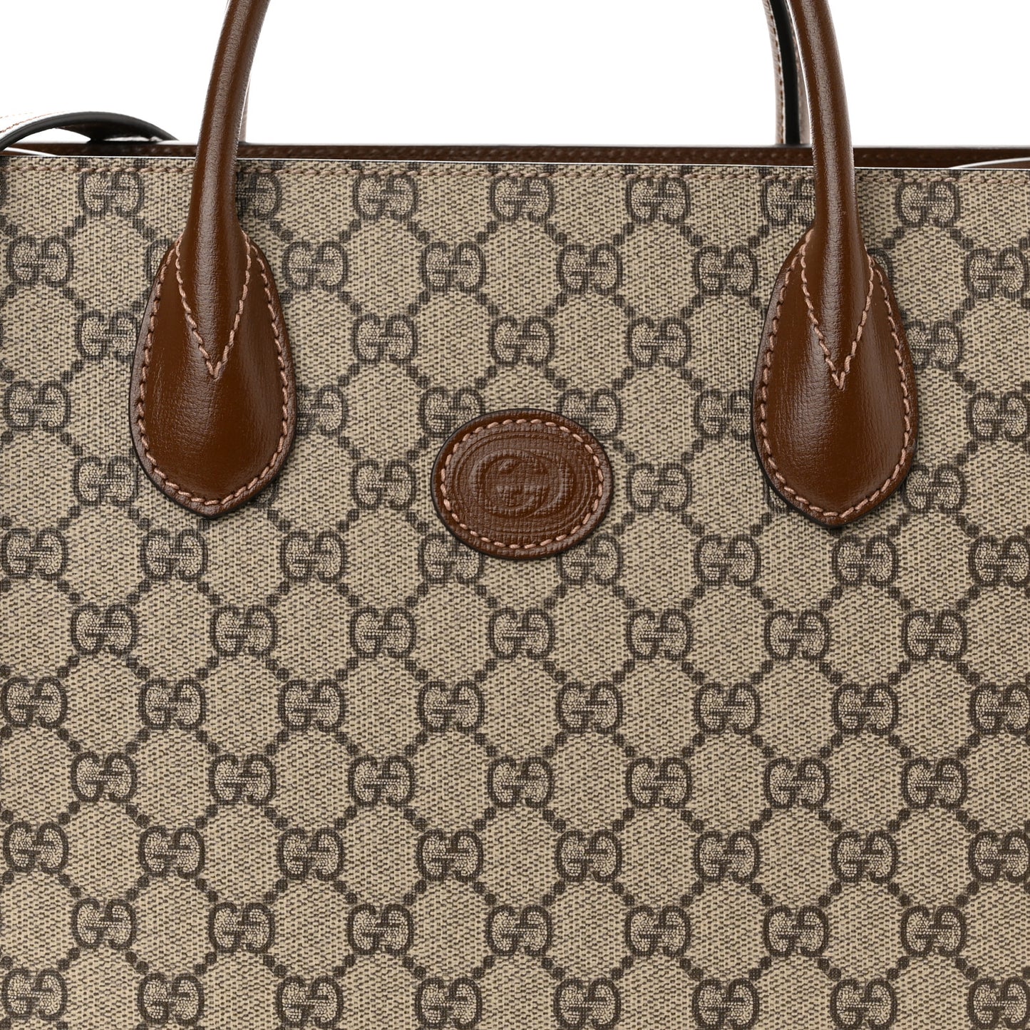 GG Supreme Monogram Azalea Calfskin Small Retro Interlocking G Tote Bag Beige Ebony Brown Sugar