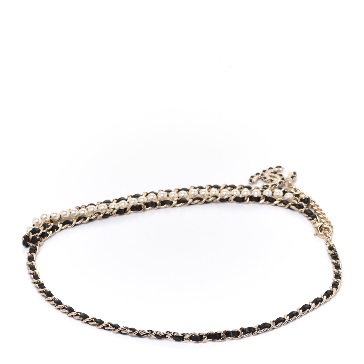 Lambskin Pearl Crystal Chain CC Fancy Belt 75 Black Gold