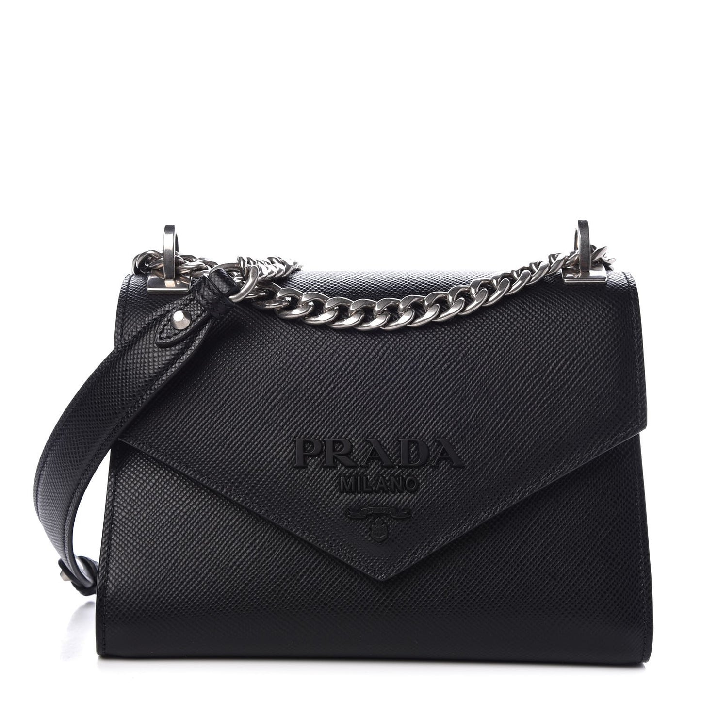 Saffiano Cuir Calfskin Monochrome Envelope Flap Chain Shoulder Bag Black