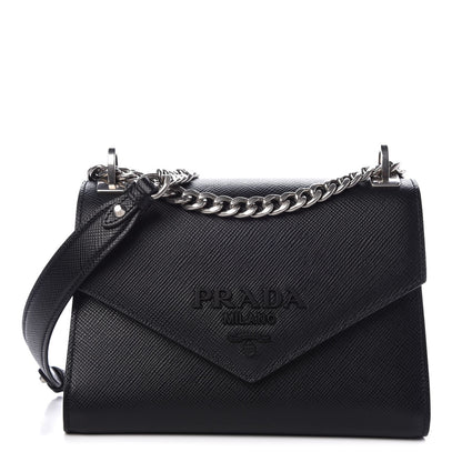Prada Saffiano Cuir Calfskin Monochrome Envelope Flap Chain Shoulder Bag Black 1 of 6