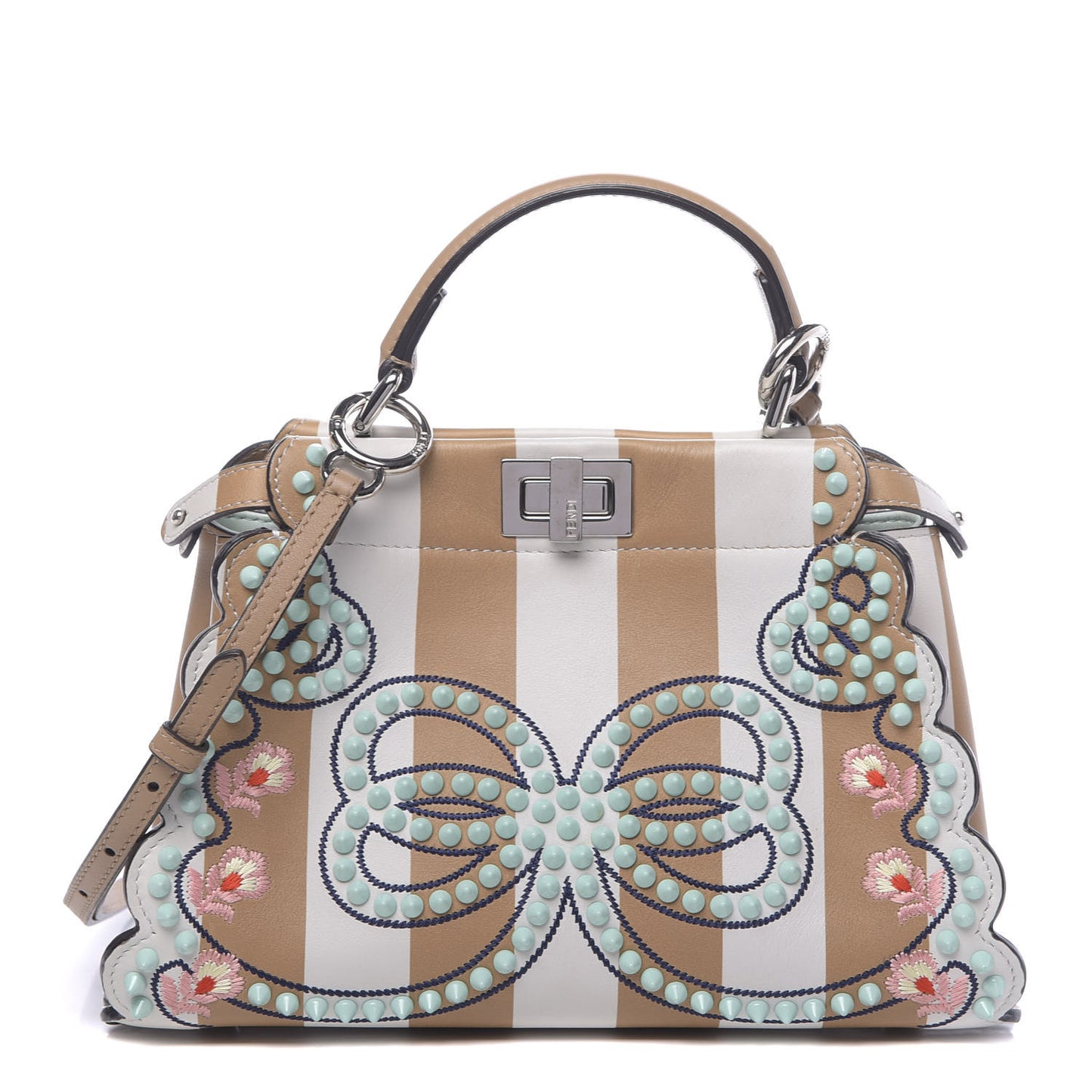 Vitello Shiny Nappa Pequin Flowers and Bows Scalloped Studded Mini Peekaboo Iconic Satchel Cuoio White Multicolor