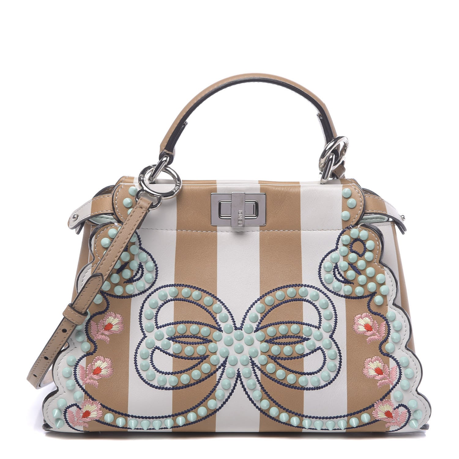 Fendi Vitello Shiny Nappa Pequin Flowers and Bows Scalloped Studded Mini Peekaboo Iconic Satchel Cuoio White Multicolor 1 of 14