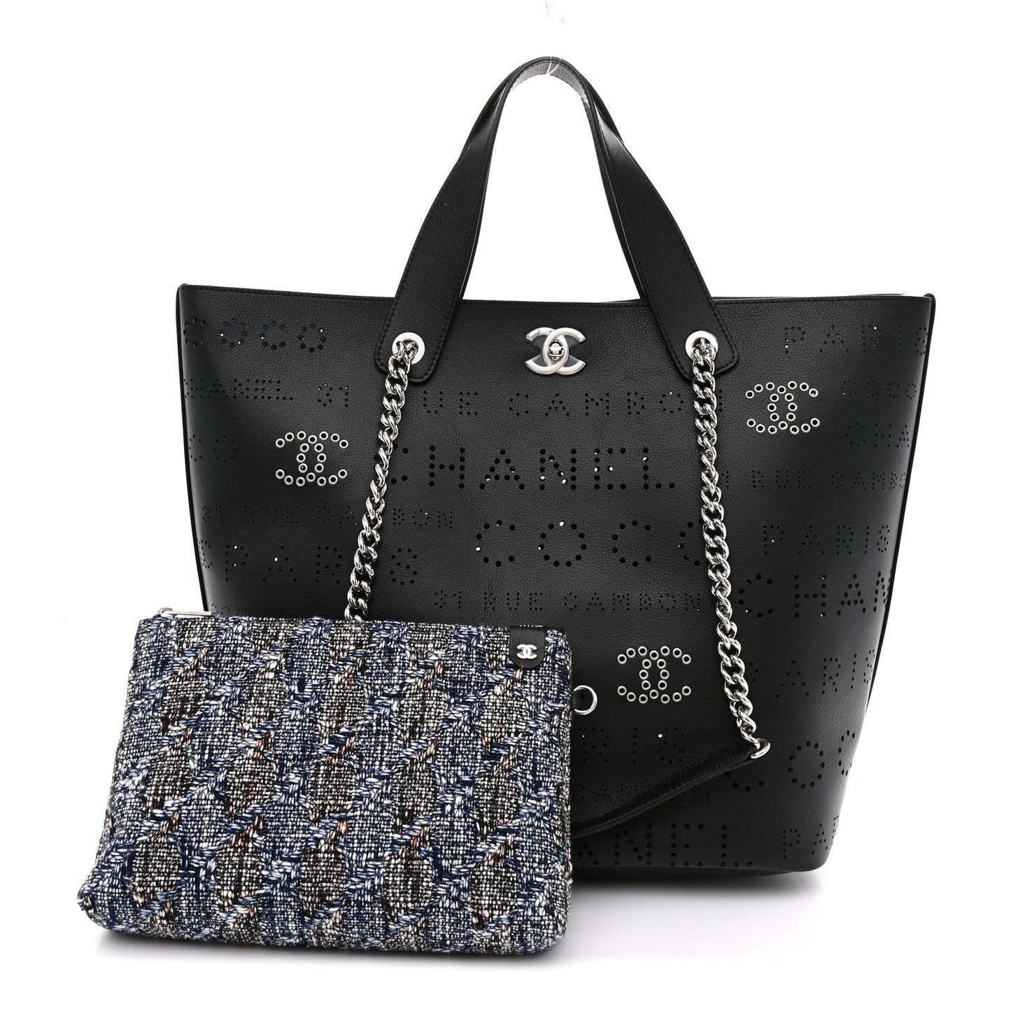 Calfskin Tweed Small Logo Eyelets Shopping Tote Black