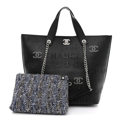 Chanel Calfskin Tweed Small Logo Eyelets Shopping Tote Black 3 of 11