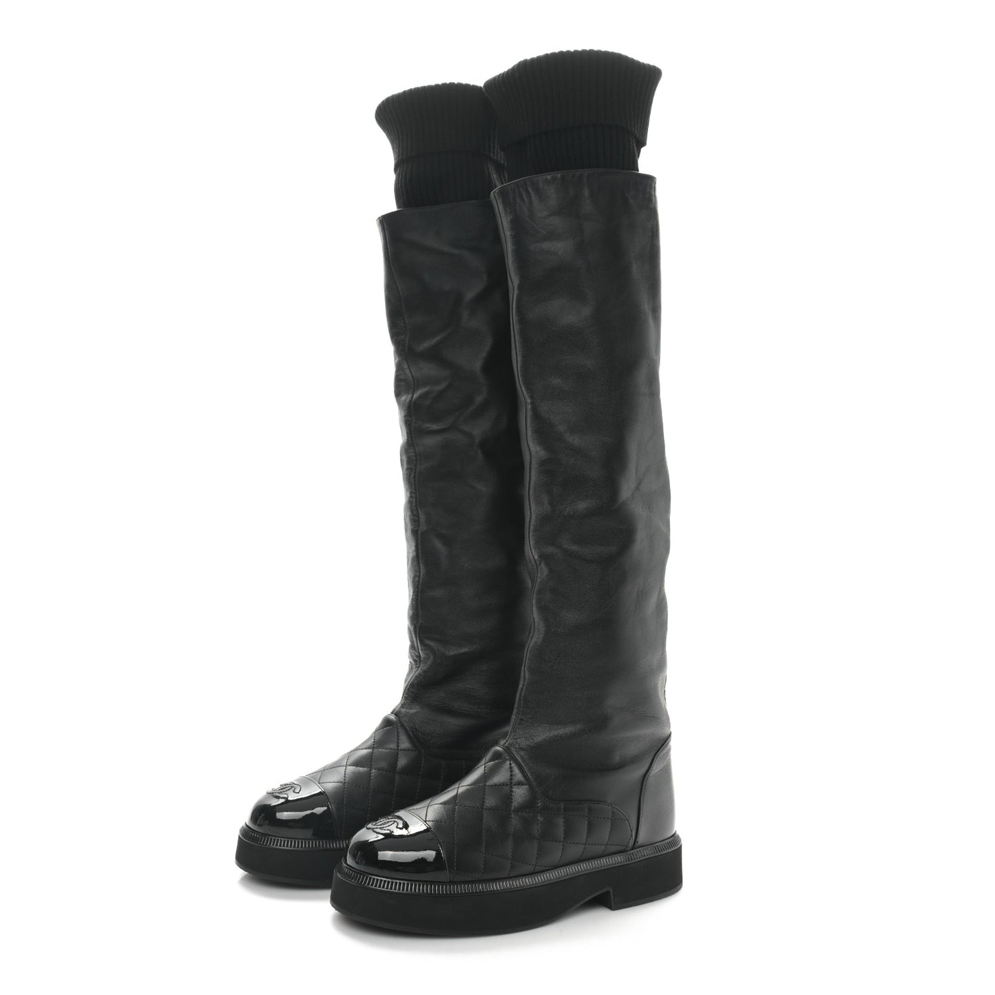 Lambskin Calfskin Quilted Knit Womens High Boots 36.5 Black