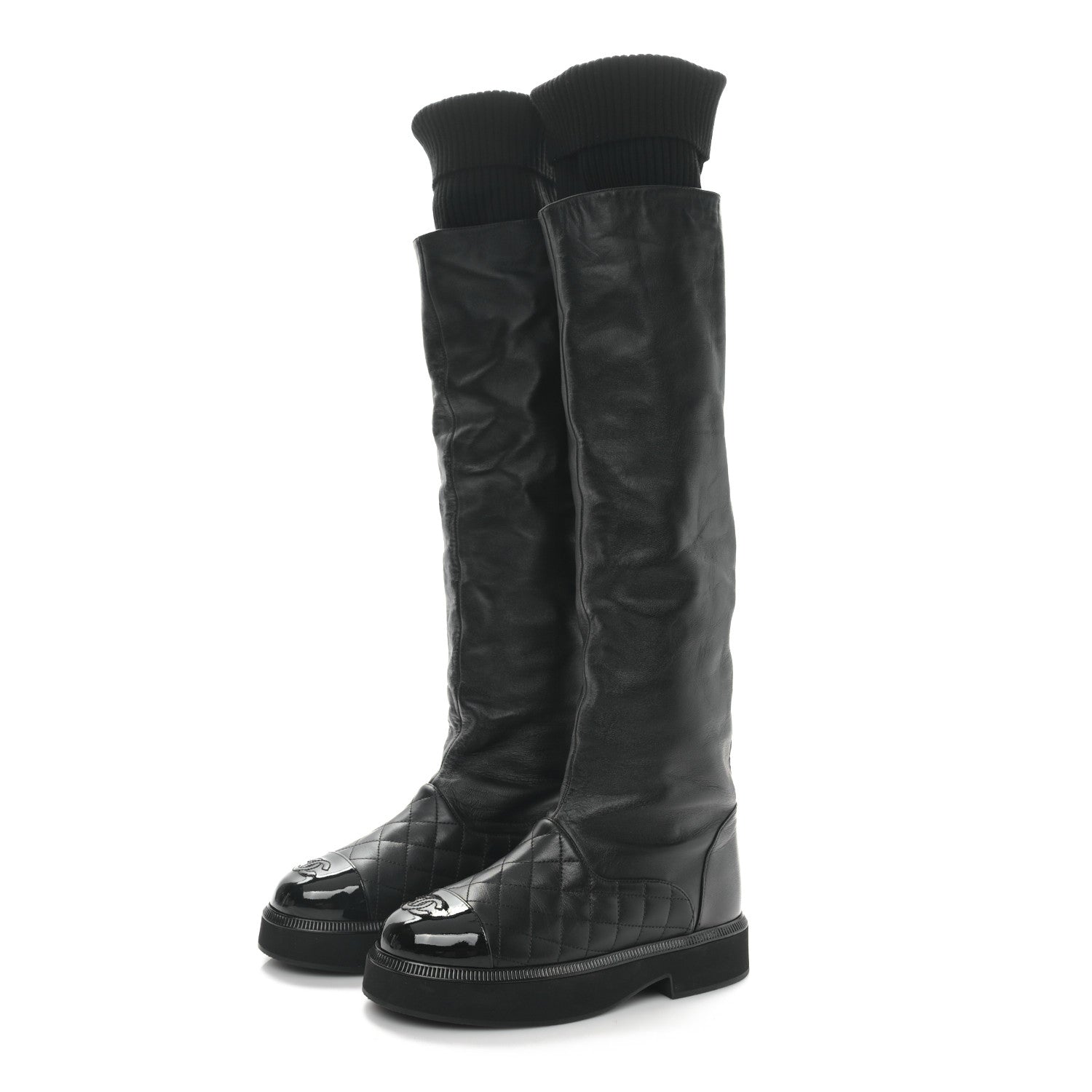 Chanel Lambskin Calfskin Quilted Knit Womens High Boots 36.5 Black 3 of 9