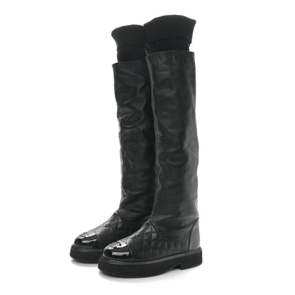 Chanel Lambskin Calfskin Quilted Knit Womens High Boots 36.5 Black 3 of 9
