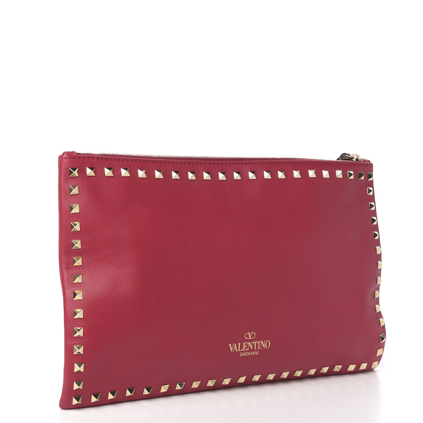 Vitello Large Rockstud Zip Wristlet Pouch Rosso Valentino