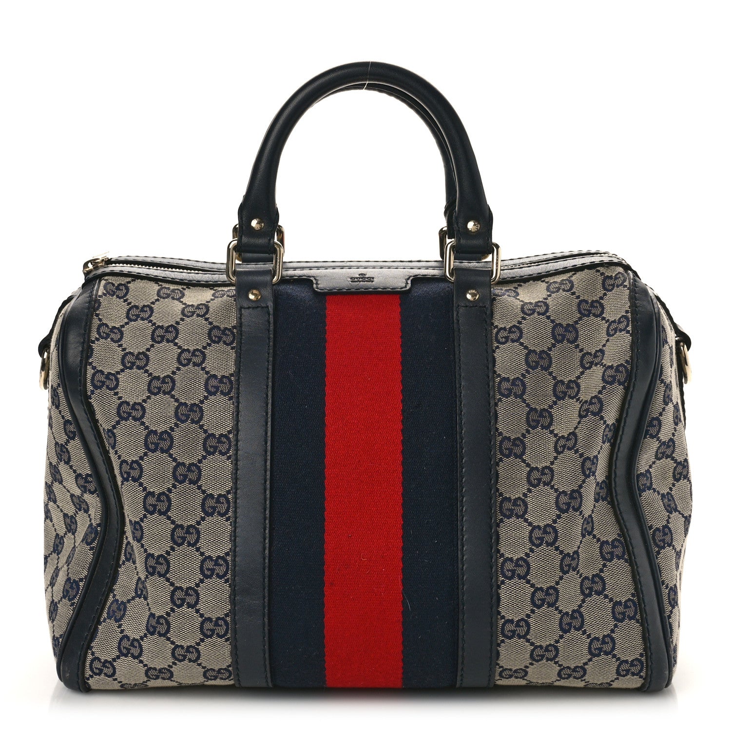 Gucci Monogram Selleria Calfskin Vintage Web Medium Boston Beige Blue 1 of 9