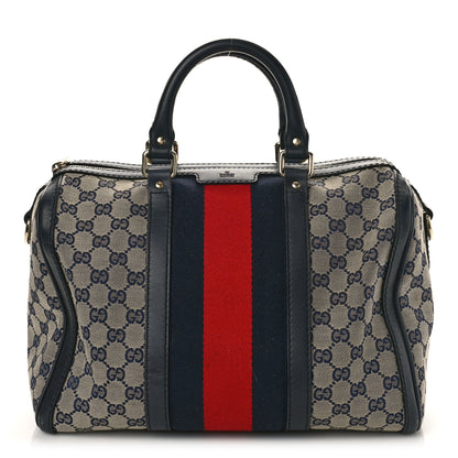 Gucci Monogram Selleria Calfskin Vintage Web Medium Boston Beige Blue 1 of 9
