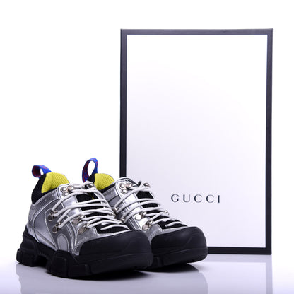 Gucci X SEGA Metallic Calfskin Mesh Womens Flashtrek Sneakers 35.5 Silver Black 9 of 9