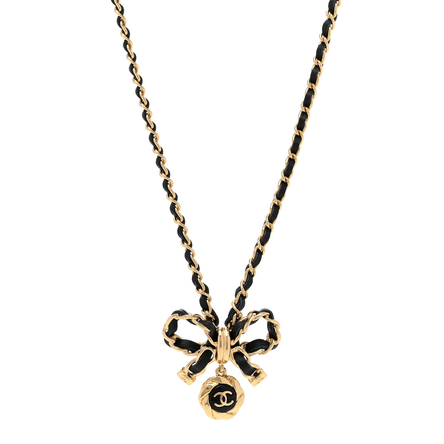 Chanel Metal Lambskin Chain CC Bow Necklace Black Gold 1 of 6