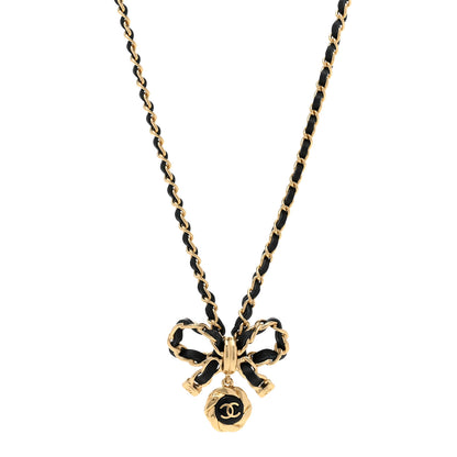 Chanel Metal Lambskin Chain CC Bow Necklace Black Gold 1 of 6