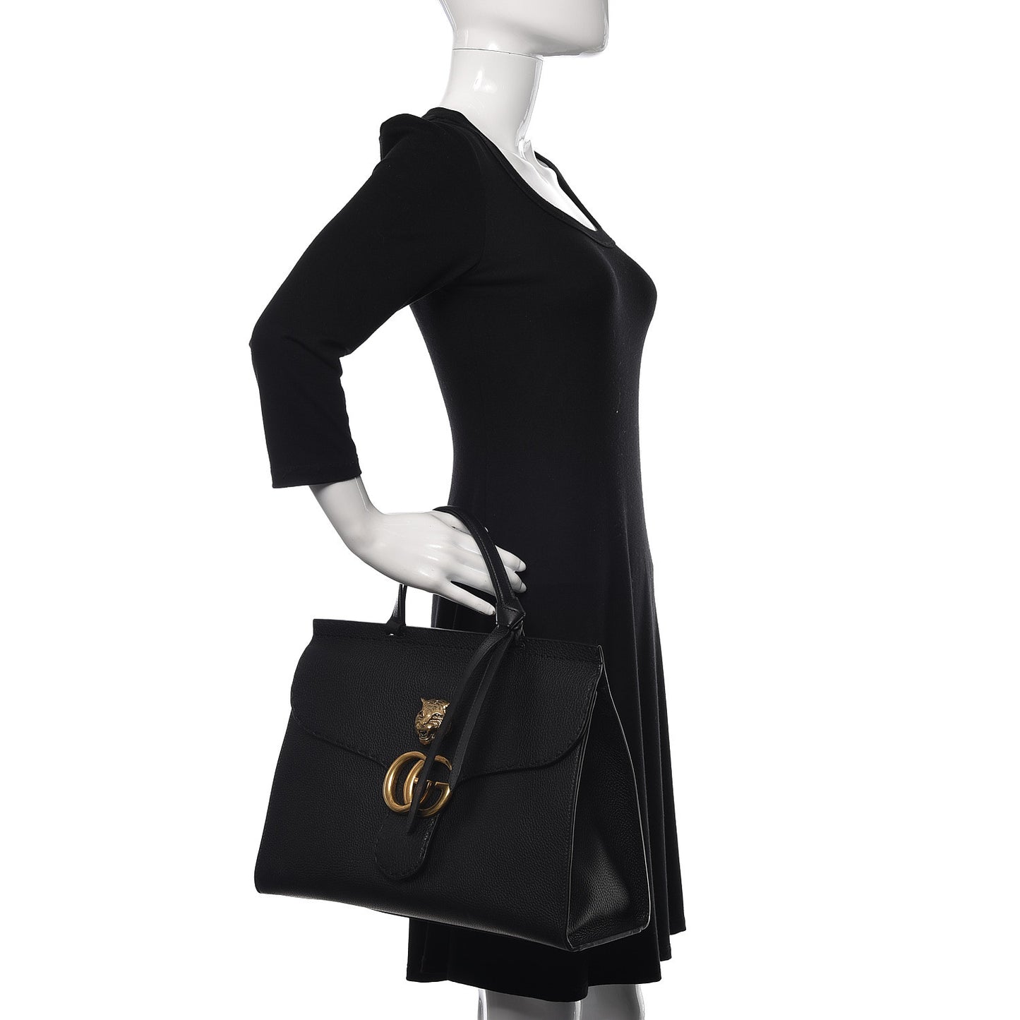 Calfskin Feline Medium GG Marmont Top Handle Bag Black