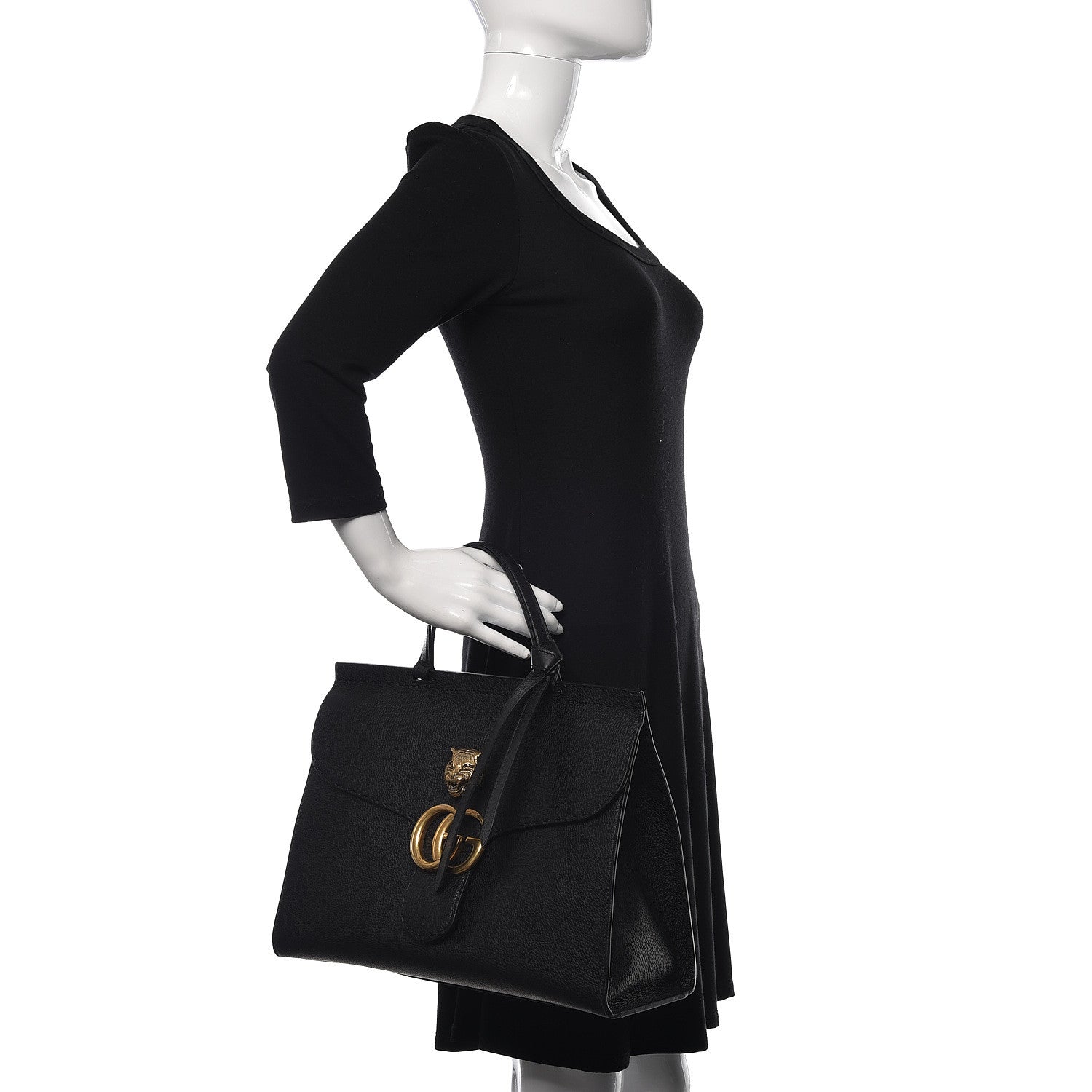 Gucci Calfskin Feline Medium GG Marmont Top Handle Bag Black 2 of 11