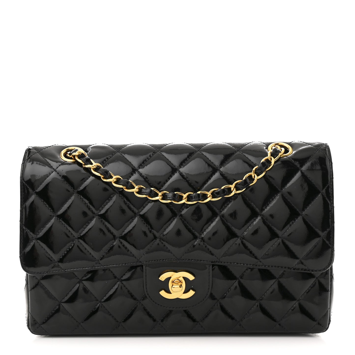 Patent Quilted Medium Double Flap Black
