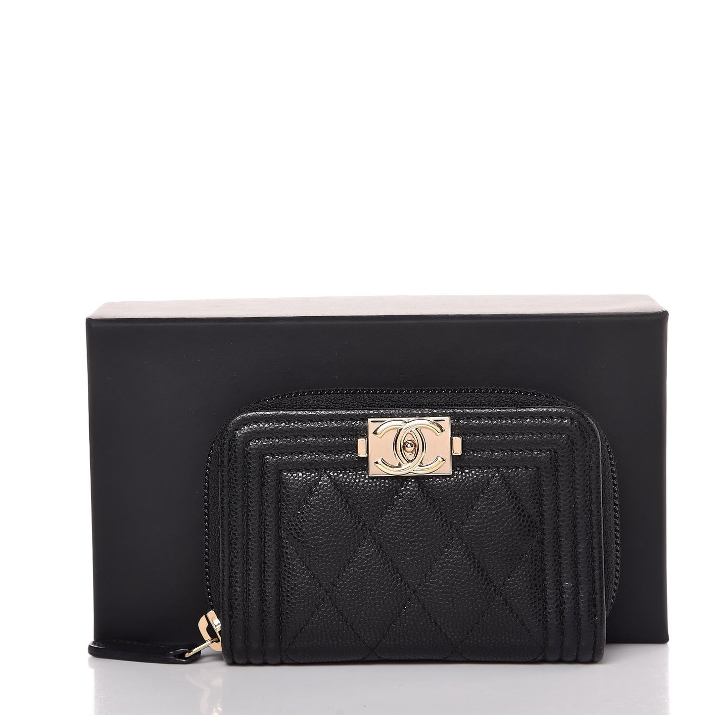 Caviar Quilted Boy Zip Around Coin Purse Wallet Black