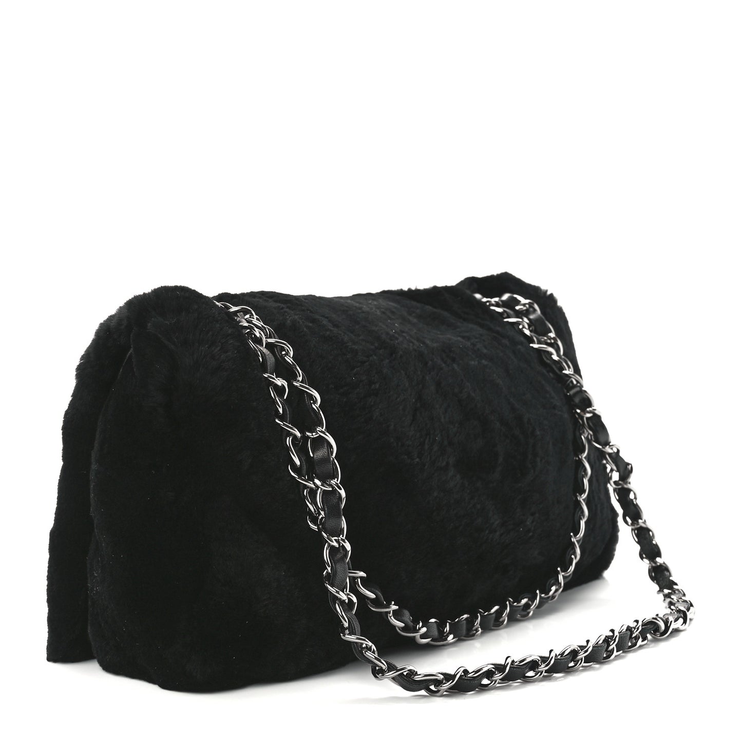 Rabbit Fur Beaded CC Flap Bag Black
